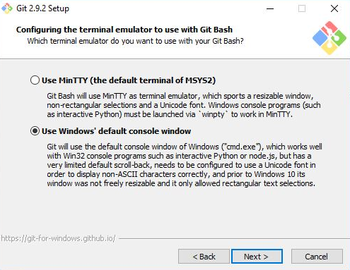 A screenshot displays the "Use Windows' default console window" option selected.