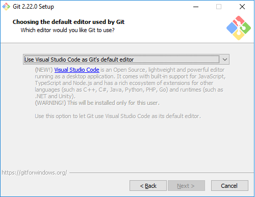 A screenshot displays the option "Use Visual Studio Code as Git's default editor" selected in the list.