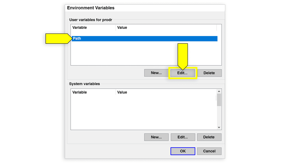 A screenshot displays the Environment Variables window, with Edit Path selected.