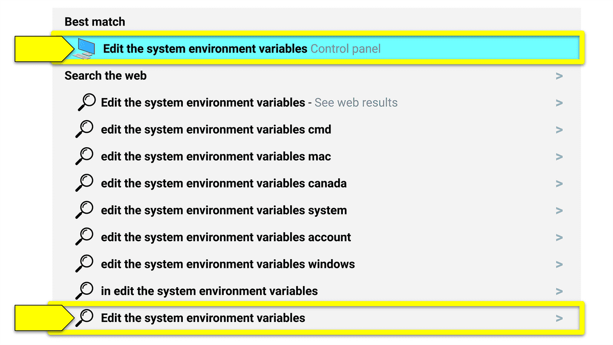 A screenshot displays the search results for "Edit System Environmental Variables".