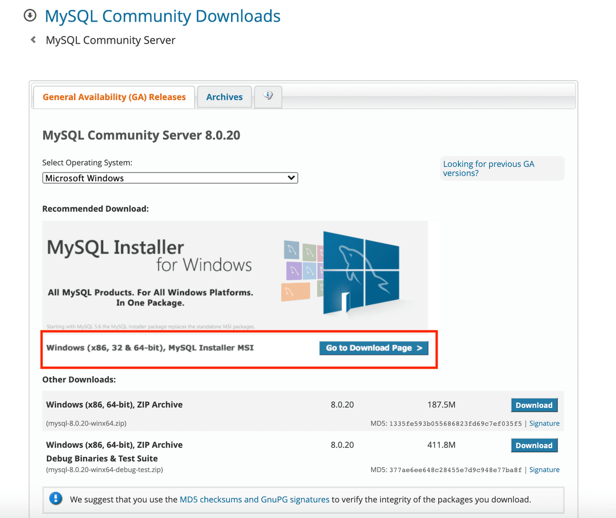 A screenshot displays the MySQL Community Downloads page, with Microsoft Windows selected as the operating system.