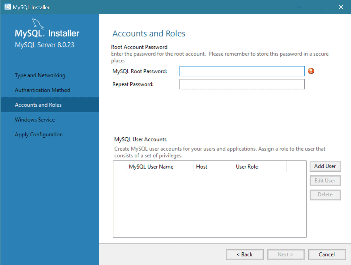 A screenshot displays the MySQL Installer Accounts and Roles window.