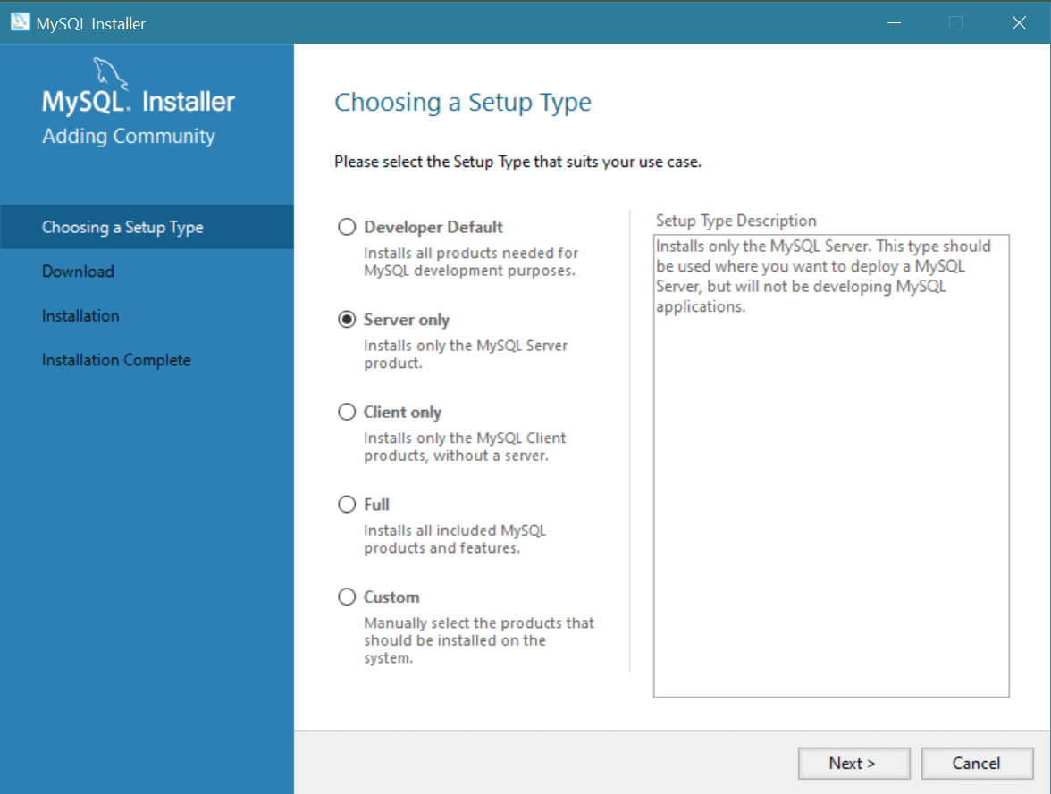 A screenshot displays the MySQL Installer window with "Server only" selected.
