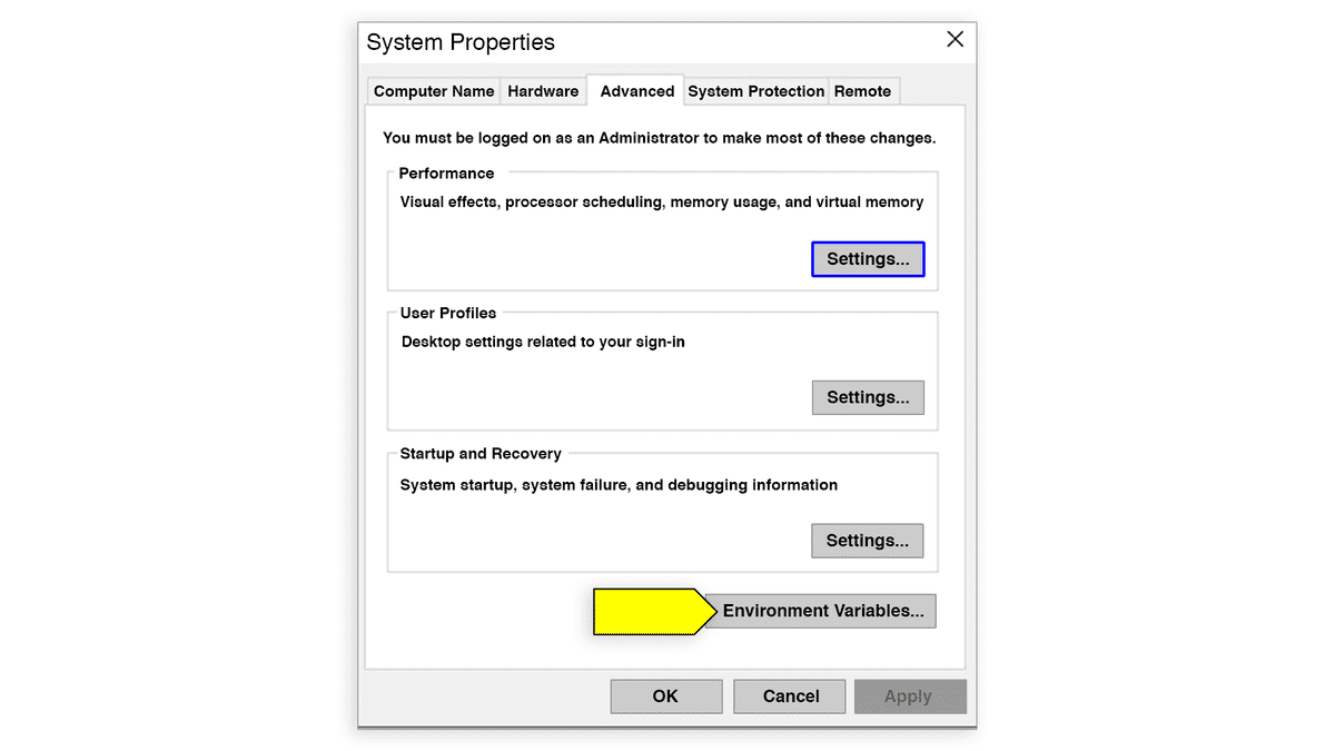 A screenshot displays the System Properties window, with an arrow pointing at Environment Variables.